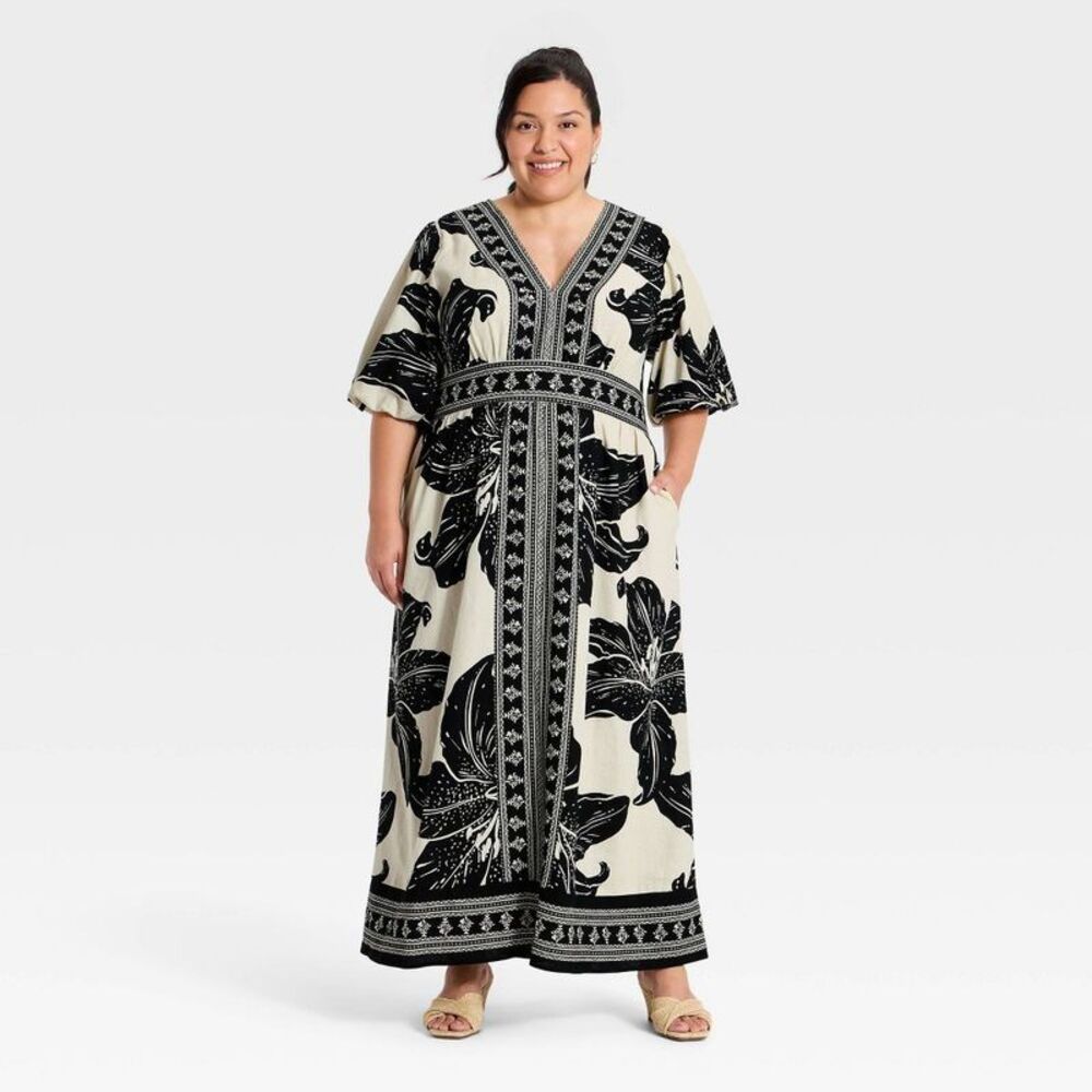 Women's Plus Puff Short Sleeve Maxi Summer Dress - Ava & Viv Black Floral 4X